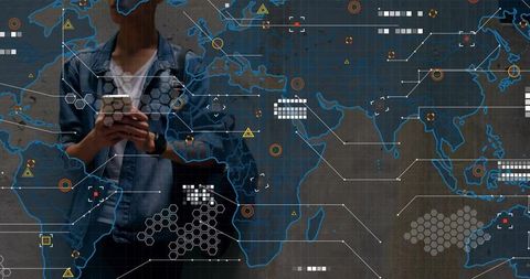 Holding smartphone tapping HUD world map overlay with data visualization, wearable tech