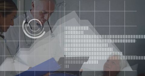 Diverse Medical Team Analyzing Patient Data with Digital Interface Overlay