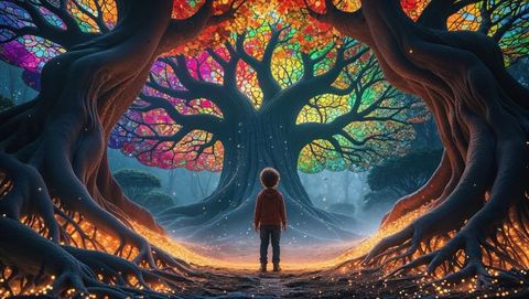 Child gazing at enchanted dreaming tree with stained glass foliage in fantastical forest