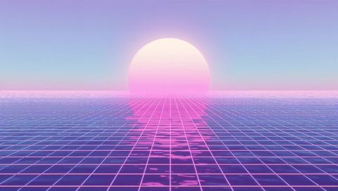 Neon Sun Rising Over Retro Grid Ocean Creating Pink Reflection in Synthwave Horizon