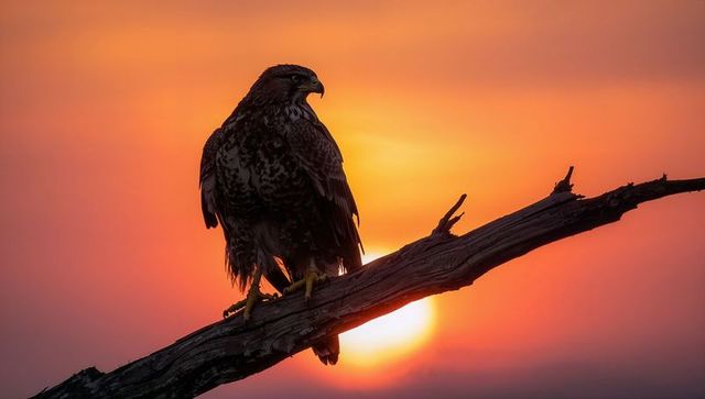 Solitary raptor perching on dead branch at fiery sunset with dramatic silhouette