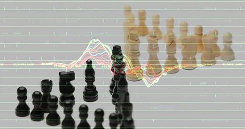 Black vs tan chess pieces confronting with financial waveform overlay on glossy surface