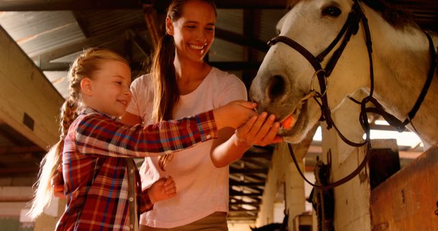 Mother and daughter feeding a horse in the stable 4k