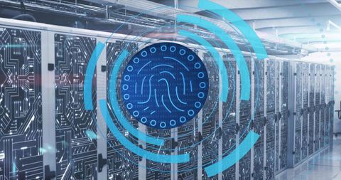 Biometric fingerprint scanner analyzing data in server room