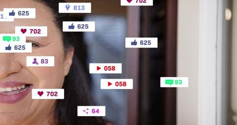 Mature woman smiling with social media engagement icons overlay, digital influence portrait