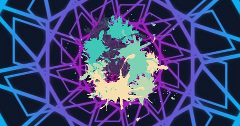 Vibrant geometric pattern with colorful paint splashes