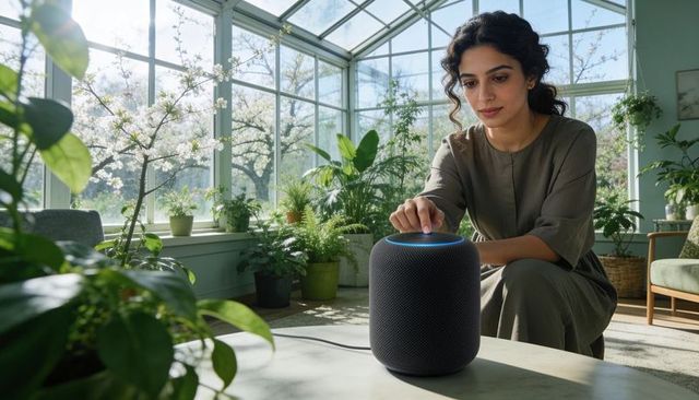 Woman activating smart speaker in sunlit conservatory surrounded by lush houseplants