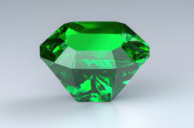 Green emerald shown in studio lighting, highlighting its cut and sparkling facets. Perfect for use in jewelry-related projects, advertising for gemstones, luxury branding, or artistic visuals needing elegance and opulence.