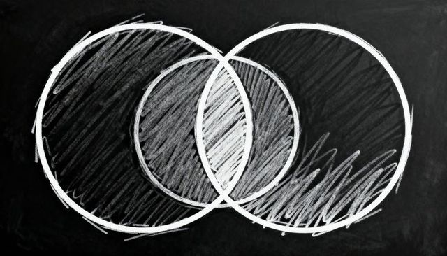 Hand-drawn overlapping chalk circles showing venn diagram with shaded overlap on blackboard