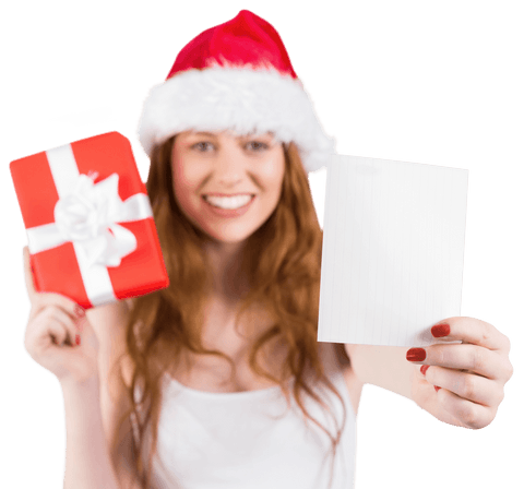 Smiling Woman Holding Christmas Gift with Santa Hat Transparent Background