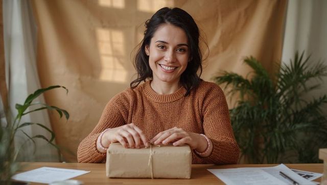 Smiling woman tying twine on kraft parcel at cozy sunlit desk with plants and paperwork