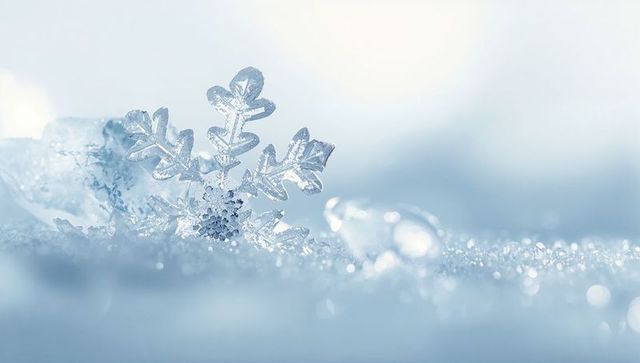 Macro snowflake crystal resting on sparkling snow with cool blue bokeh and frost detail