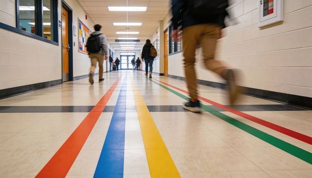 Students walking down bright school hallway with colorful directional floor stripes and motion blur