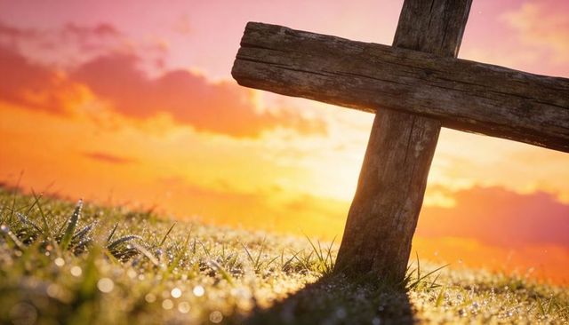 Weathered wooden cross leaning over dewy grass at sunrise with warm golden spiritual glow