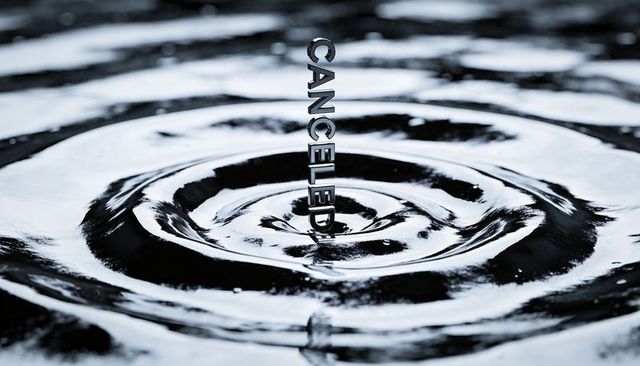 Vertical metal canceled typography reflecting on dark water ripples, monochrome concept