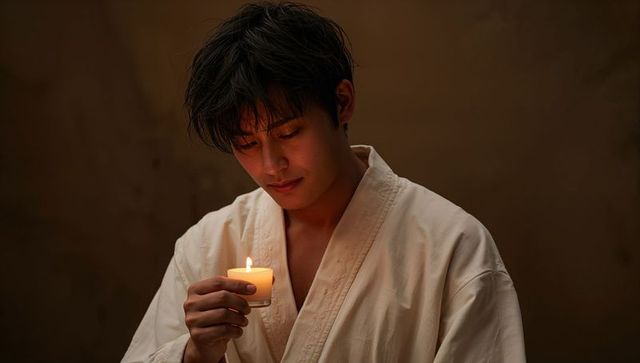 Young man holding lit candle in white robe, contemplative minimalist portrait evoking calm