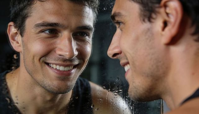 Smiling man admiring reflection in fogged mirror with droplets and moody studio lighting