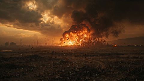 Intense fireball airstrikes explosion in desolate post-apocalyptic landscape
