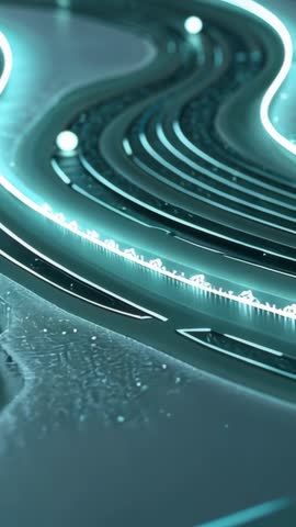 Pulsing neon channels rolling glowing spheres across futuristic platform in vertical motion loop