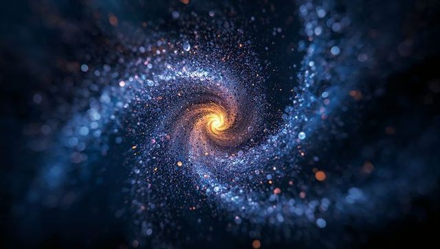 Swirling cosmic spiral galaxy with golden core and blue bokeh arms, deep space vortex