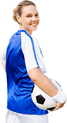 Transparent Caucasian Female Soccer Player Holding Ball, Smiling