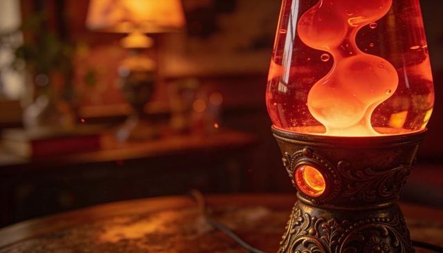 Glowing vintage lava lamp with ornate brass base casting warm amber light on table - retro
