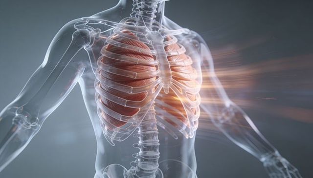 Transparent thorax showing rib cage intercostal muscles spine with orange airflow
