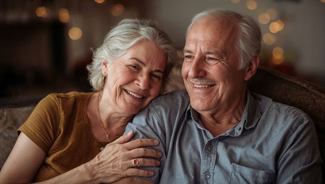 Senior couple sharing warm sofa moment smiling with affectionate companionship and cozy bokeh lights