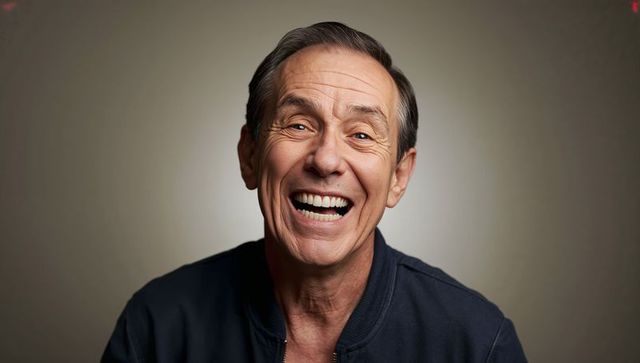 Laughing senior man in studio portrait, celebrating joy and vitality