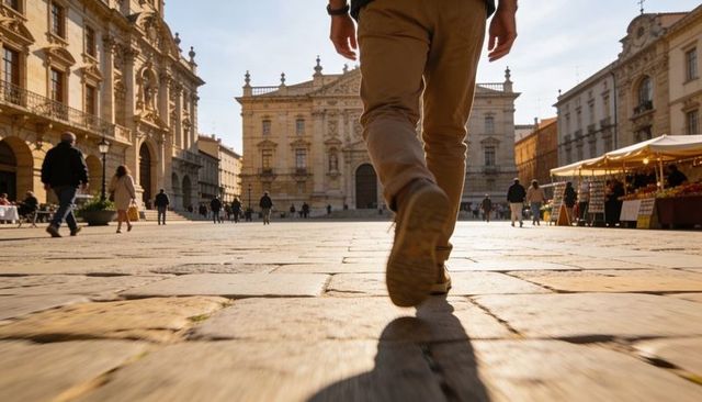 Walking through sunlit historic plaza with cobbled streets and baroque facade