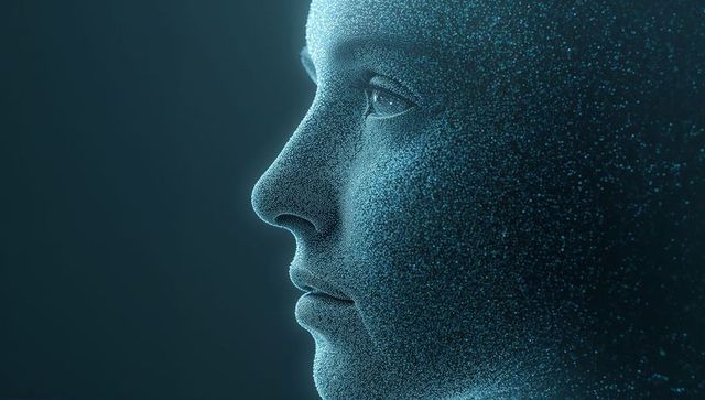 Teal Particle Face Dissolving into Digital Dots, Futuristic AI Profile with Glowing Eye