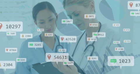 Female Doctors Analyzing Data with Floating Social Media Icons
