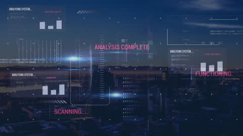 Futuristic Digital Interface Overlaying Cityscape at Dusk