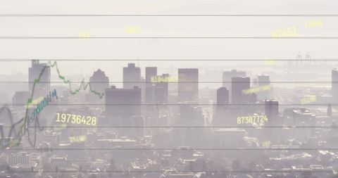 Digital Financial Data Overlay on Hazy Urban Skyline - Download Free Stock Images Pikwizard.com