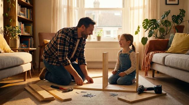 Father assembling wooden shelf with daughter in cozy living room, diy bonding with hammer and drill