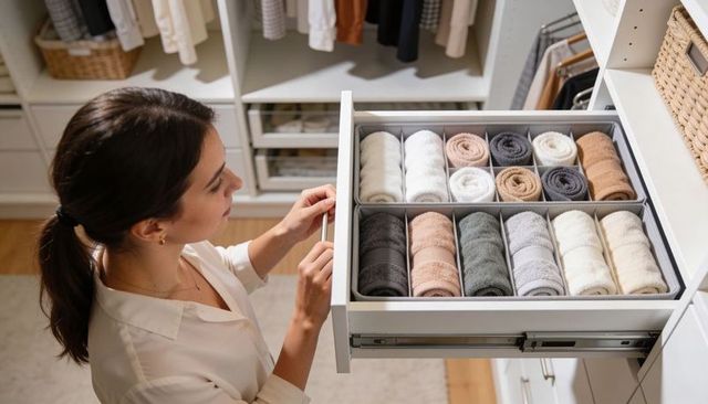 Woman organizing rolled towels in drawer organizer in modern walk-in closet with neutral towels