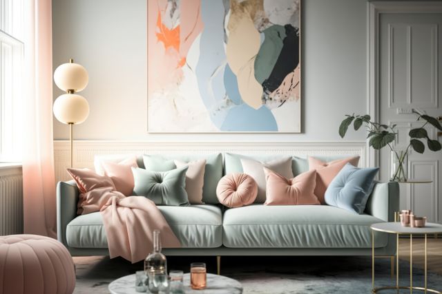 Pastel green retro sofa with cushions and painting, created using generative ai technology. Interior design, feminine, pastel colours vintage home decoration concept digitally generated image.