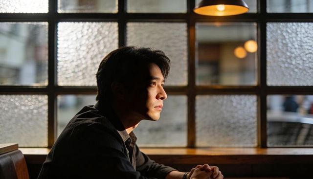 Contemplative asian man gazing through cafe window, wristwatch glinting, moody interior