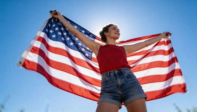 Young woman raising american flag under bright sky celebrating freedom and pride