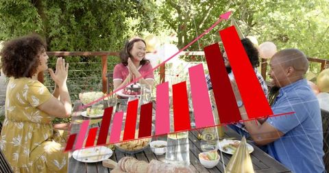 Diverse Friends Celebrating Backyard Party With Upward 3D Bar Chart Visualizing Growth and Cake