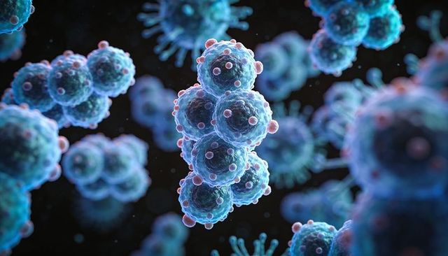 Magnified cellular vesicles showing clustered blue microparticles with pink protrusions