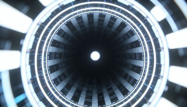 Futuristic cylindrical tunnel with concentric led rings and central light creating depth