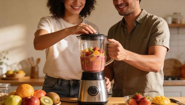 Couple blending fresh fruit smoothie together in bright home kitchen