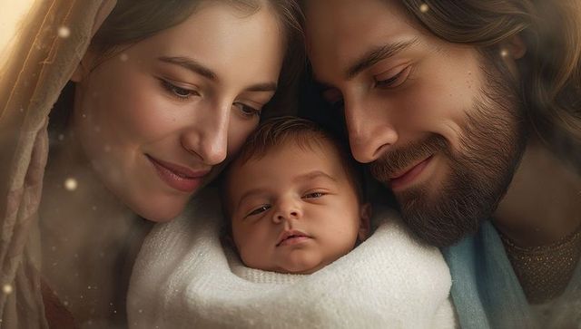 Loving parents with swaddled newborn, radiating warmth and serenity