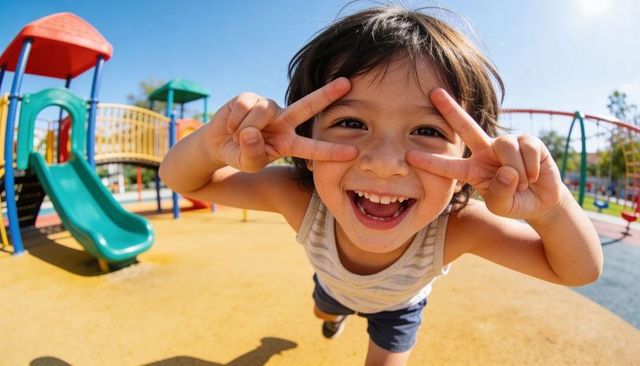 Laughing boy leaning forward making peace signs at colorful playground