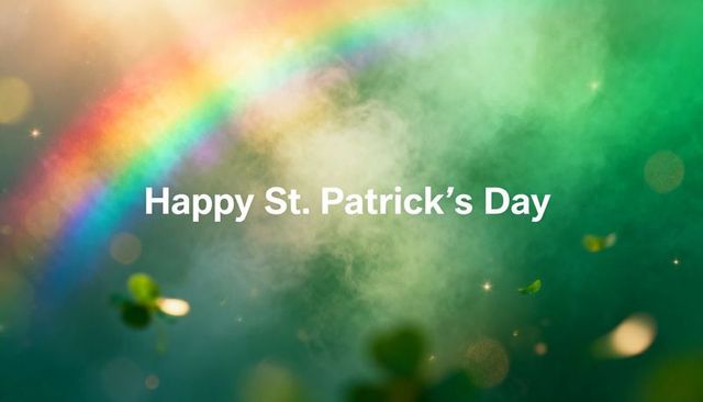 Celebrating st. Patrick's day with rainbow, floating shamrocks and misty green glow