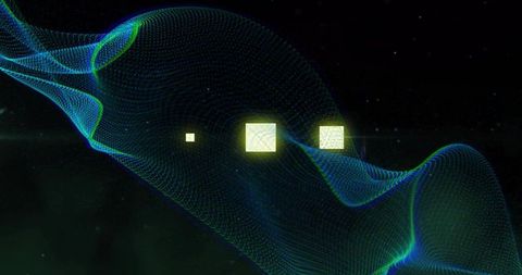Geometric Glow: Floating Yellow Squares on Neon-Mesh Wave