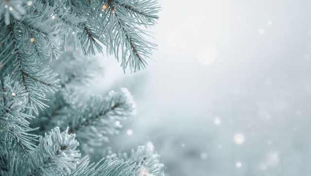 Frosted evergreen branch close-up with soft snow bokeh and winter light