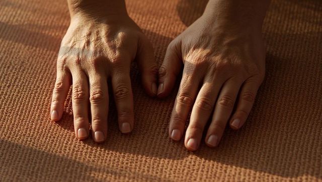 Resting hands showing veins and knuckle creases on terracotta woven mat in warm light