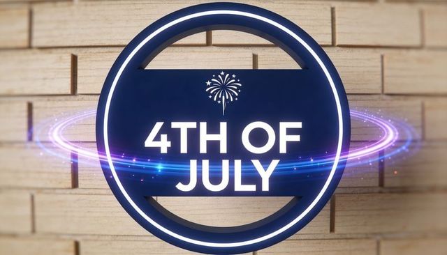 Navy neon 4th of july emblem glowing with purple blue light trails on brick